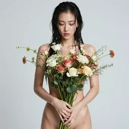 portrait of a beautiful mysterious woman holding a bouquet of flowing flowers, drenched body, wet dripping long hair, hands hidden under the bouquet, emerging from the water, fantasy, regal, intricate, by stanley artgerm lau, greg rutkowski, thomas kindkade, alphonse mucha, loish, norman rockwell