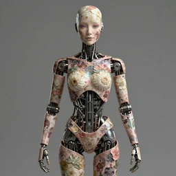 humanoid robot, skin flower pattern, highly detailed, expressive eyes, beautiful symmetric body, perfect proportions, highly intricate, art by tom bagshaw and alex gray