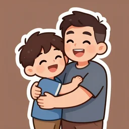 sticker of a son and a father celebrating happily. happy. smiling. hugging. digital art. cartoon. high quality.
