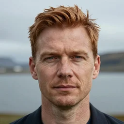 Beautiful photo of a middle aged male Icelandic self absorbed auburn haired entrepreneur, clean shaved, high detail, suggesting intimacy without elaborating further