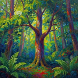 a painting of a tree in a colorful forest, distant, ferns, detailed, 4 k, digital art, by android jones, cgsociety, psychedelic art, psychedelic, vibrant colors, vivid colors
