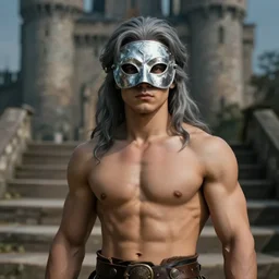 portrait painting of a 3 0 years old muscular male, wearing a silver melt mask, long grey hair, gentleman's dress, background is castle and steps unreal render cinematic lighting art 1 9 2 0 period drama by bussiere rutkowski andreas rocha