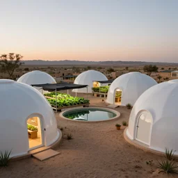 futuristic adobe housing domes in a permaculture biosphere, ceramic white earthships, closed ecosystem, racks of vegetables propagated under shadecloth,  in the middle of the desert, with a miniature indoor lake, XF IQ4, 150MP, 50mm, F1.4, ISO 200, 1/160s, natural light at sunset with outdoor led strip lighting