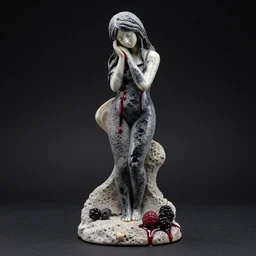 striking sculpture of a tall emo girl and berries, made from obsidian and and pumice and japanese glazed pottery, sensual, berry juice dripping, black background, zen,