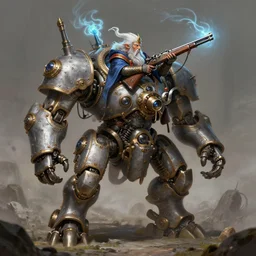 a dwarf artificer holding a musket and riding on a giant robot, robot, golem, steampunk, fantasy art, chinese fantasy, dungeons and dragons, tabletop rpg, ghostblade, wlop.