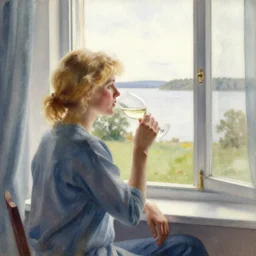 hot blonde woman drinking wine while looking out through the window, swedish countryside, seaview, morning, calm, watercolor painting by vladimir volegov, carl larsson, anders zorn