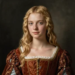 young blonde woman in renaissance dress, color portrait by paolo roversi