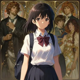 “ anime, pretty girl going to school in school uniform, light and shadow effects, intricate, highly detailed, digital painting, art station, concept art, smooth, sharp focus, illustration, advanced digital anime art, art by artgerm and greg rutkowski and alphonse mucha and william - adolphe bouguereau, craig mullins, j. c. leyendecker, atmospheric lighting, detailed face, by makoto shinkai, stanley artgerm lau, wlop, rossdraws ”