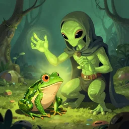 a alien with the name god using his powers to bring a frog back to life