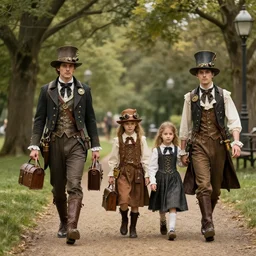 a family walking through a park, set in a steampunk world