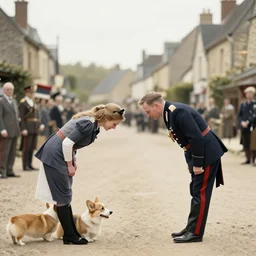 ultra wide 1 9 4 6 blurry historical photo of a single german general bowing to a young queen elizabeth in a french village, her corgis are nearby highly detailed, sharp focus