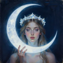 Artemixel, the modern reincarnation of the old selenium god of hunt and moon, also known as Artemis the Selene, carrying the celebrated Crown of the Crescent Moon, wich its usual bright and slightly bluish crescent like the brightness of the night. Portrait by Nicola Samuri, oil on canvas
