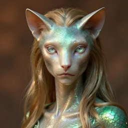 detailed portrait in femininity, regal alien, feline, realistic face sculpted features, specular clear eyes, statuesque model, opalescent skin, silky hair, warm glow, subsurface scattering, wet reflections, chiaroscuro, shimmering scales, biomorphic, organic impressionism, dappled backdrop, burnt sienna and emerald color, octane render