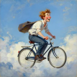 A whimsical painting of a happy man flying in the sky on his bicycle in the clouds, expressive oil painting, digital art by Leonid Afremov