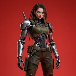 epic photograph. Tokyo 2094. cyberpunk vampire girl, Army exoskeleton fashion, Robotic mech parts, Eye shine. dreadlocks, model standing, rim light, fill light. Studio, solid color background. Octane render, hyper-realistic, 8K, art photography, denoised photorealistic render, insanely detailed intricateby charlie bowater, mandy jurgens, gustav klimt, octane render, 4k, high detail, by tom bagshaw, powerful