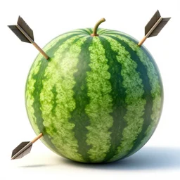 a whole watermelon pierced by an arrow, an arrow going through the water melon, detailed render, 8k, cgsociety