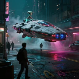 an alien spaceship abducting someone in the middle of the street, cyberpunk futuristic 8 0 s, detailed, unreal engine 5