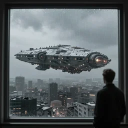 view through window, giant spaceship, city is pure wasteland, rain, dusk, low saturation, glowing lights, alphonse mucha, greg rutkowski, trending on artstation, artgerm, breathtaking, sharp focus, smooth, mark arian, award winning, highly detailed 4 k art