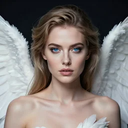 Epic Professional digital airbrushed self-portrait of a female angel. she looks straight ahead. her deep blue eyes are beautiful and inspiring peace.