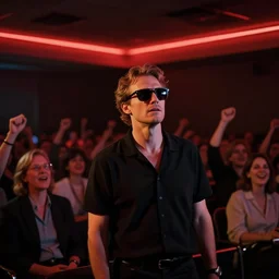 a dark conference hall, people cheering at the man with sunglasses on stage, atmospheric and obscure, red neon light, by roger deakins, cinematography, syd mead