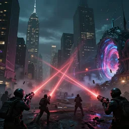 human protective forces retaliating against an interdimensional alien invasion as seen from manhattan, laser weapons discharging in the distance, distant tracer fire, interdimensional portals forming, artist rendition, high detail, dystopian landscape with dramatic lighting