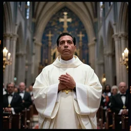 danny trejo as a catholic priest, white vestments, celebrating mass in a gothic church, kodak vision 2 0 0 t halation diffusion dramatic lighting