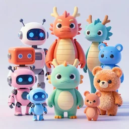 concept sheet of cute colorful 3 d family characters for kids assisting a concept machine. combine : robots, dragons and fluffy bears. big eyes, simple smooth shapes and forms, reflective like candy, masterpiece, award - winning, intricate concept art, 8 k, artstation