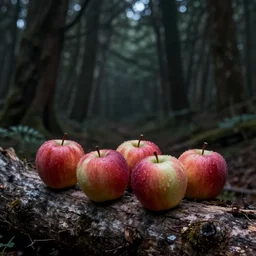 five apples sitting on a log, ominous dark forest, highly detailed digital art