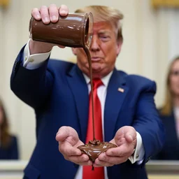 donald j. trump shooting chocolate pudding from his hands onto liberals, chocolate pudding spraying from hands