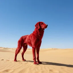 sunny karst desert wide shot, blue skies, crimson hound beast, fantasy concept art