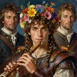 druid. young man with braided brown hair covered in colorful wildflowers. amber eyes. leather armor, and a wooden flute. edgar maxence and caravaggio and michael whelan and delacroix style, artistic, intricate painting, cinematic lighting, hyper realistic, extremely detailed, vivid colors, establishing shot, dramatic lighting