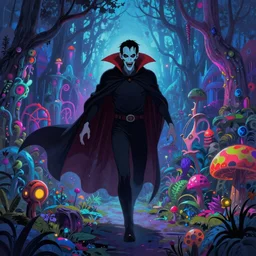 Vampire traveling through a beautiful psychedelic world, horror, illustrated by Jim Burns, masterpiece, vibrant colors, trending on artstation