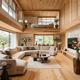 full interior view photo of modern fully japanese livingroom in a luxurious wooden cottage, busy with floral arrangements, designer furnitures, architecture photography by alvar aalto, telephoto lens, canon rf 8 0 0 mm f / 5. 6 l