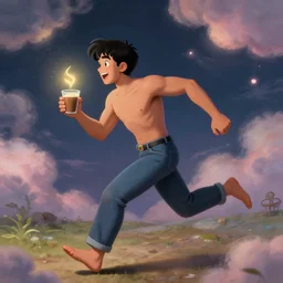 portrait of ( ( hermoso joven dotado latino macho alegre sin camisa ) ), corriendo con cafe a mano, lleno de nubes y magia y amor, concept character, by greg rutowski and tezuka and oi and mucha and bierstadt and remington, trending on artstation