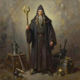 portrait of a wizard bard. oil on canvas by lead character artist. inventory laid out