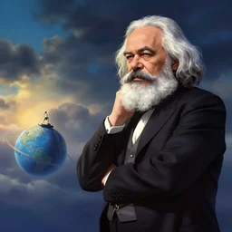 Karl Marx pondering his Orb by Makoto Shinkai and Thomas Kinkade, fantasy matte painting,trending on cgsociety and unreal engine，light effect，highly detailed