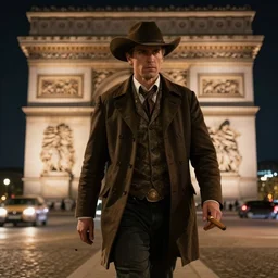 cowboy walking in paris on the champs - elysees while holding a cigar during night, romantic, ultra realistic, detailed face, ultra detailed, award winning, mysterious, translucent, vague lighting, smooth,