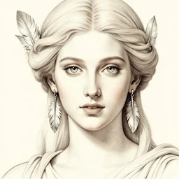 line drawing of beautiful greek goddess aphrodite with arrowhead earrings and beautiful feather jewelry, beautiful piercing eyes, beautiful blonde hair, hyper realistic face, in the style of greg rutkowski, fantasy, amazing detail, epic, elegant, smooth, sharp focus, from the front
