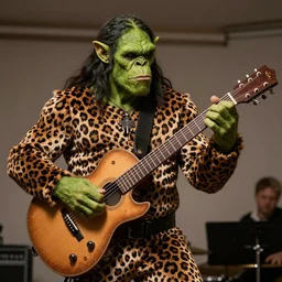 an orc playing jazz with a 8 string guitar and leopard clothes