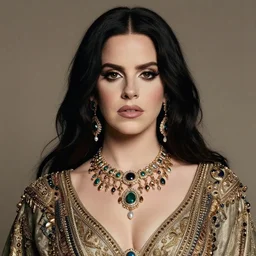 studio photograph of lana del rey as shiva, clear facial features by john singer sargent, beautiful extravagant costume details, jewelry, beautiful lighting, octane.