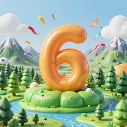 inflatable landscape with forest, river and mountains in the middle of the frame colossal balloon with number 6 surrounded by colorful ribbons and party confetti , concept art, huge scale, high detail, sci fi by James Jean