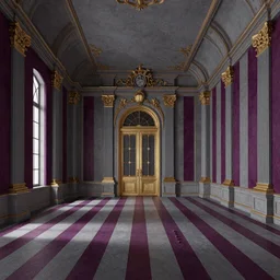 Versailles, luxurioux parisian, flat, indoor, archviz, 1990 century, jules vernes, inside, octane render, cyberpunk ,horror, cartoon, tim burton, in a cinematic gradation, grey, grey, burgundy purple vertical stripes , bordeaux, violet, mainly grey, goldy, blade runner film, movie, Unreal Engine, octane render, vray, 4k, super wide angle
