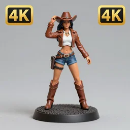 80mm resin detailed miniature of a cow-girl, Short brown leather jacket, white shirts, hot-pants, ten-gallon hat, over-knee boots, navel, olive thigh skin, Standing with legs open on textured disc base; Miniature product Introduction Photos, Logo, 4K, Full body; Front view