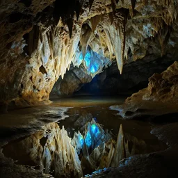 black opal cave, photo, photograph, realistic, light reflecting, caustics, reflective water puddles,