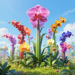 beautiful digital illustration of a field of giant multi - colored orchids by dr. seuss, reimagined by industrial light and magic and beeple : 1 | towering megaflora by dr. seuss, spectral color, rolling hills, wide angle : 0. 9 | fantasy, cinematic : 0. 8 | unreal engine, octane, finalrender, deviantart, artstation, artstation hq, behance, hd, 8 k resolution : 0. 7