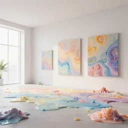 a modern indoor room made of melting wax, clean architecture, pictures in the wall, pastel colored, intricate detailed 3 d render, hyper realistic intricate acrilic fluid art, intense colors, wide shot, octane render, concept art, daylight, peaceful, 8 k