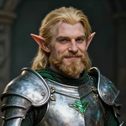 portrait, fantasy dwarf cleric, young adult, short beard, blonde hair combed to one side, silver and emerald breastplate, slightly smirking, style by donato giancola, wayne reynolds, jeff easley dramatic light, high detail, cinematic lighting, artststion, dungeons and dragons