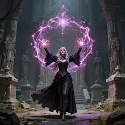 realistic detail, epic girl mage casting enormous spell, gothic clothes, long hair, digital art, concept art, best of 2023 on artstation style, simulation, structure, fine, wide angle, natural light, volumetric, behind is a tomb of great ancestors