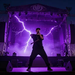 view from stage as purple lightning strikes while rapper performs at festival, psychedelic light show, digital art, vapor wave, hip hop, trending on Artstation, professional artist, detailed, 4k