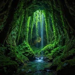 glowing cave, hidden by a curtain of vines, covered by lush green vines, rocks, small pool of water, trickling water, stone, hidden, forest, night, glow, magical, magic, fantasy, professional, high quality, highly detailed, award-winning, awe-inspiring, spectacular, HD, 4K, 8K
